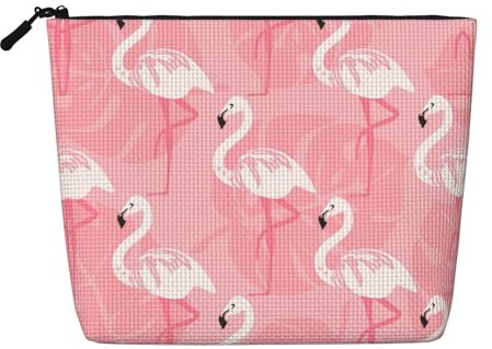 Summer Flamingo Palm Leaves Water Resistant Makeup Bag Fake Hemp, Large Cosmetic Organizer Travel Zippered Pouch