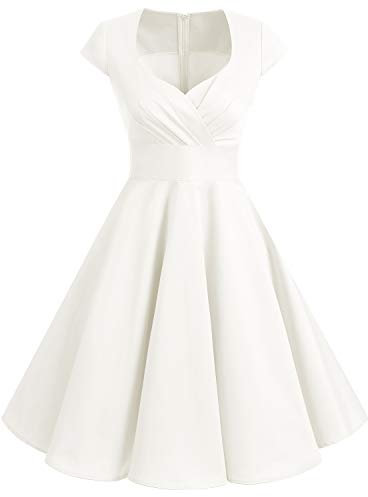 bbonlinedress 1950er Vintage Retro Cocktailkleid Rockabilly V-Ausschnitt Faltenrock White (Creme) M
