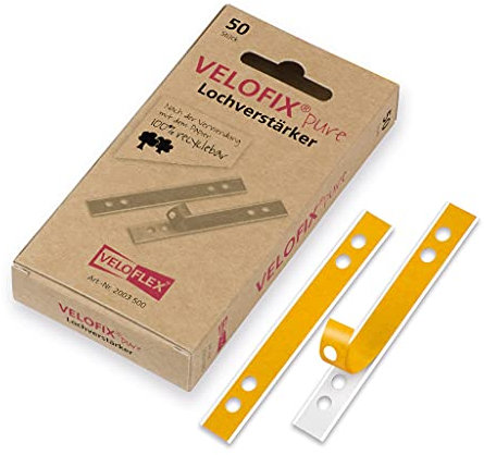 VELOFLEX 2003500 - Lochverstärker VELOFIX pure, 105x15mm, FSC zertifiziertes Papier, selbstklebend, Lochabstand 60 & 80mm, zur Heftrandverstärkung,besonders von Zeichnungen, Plänen, 50er Packung, weiß