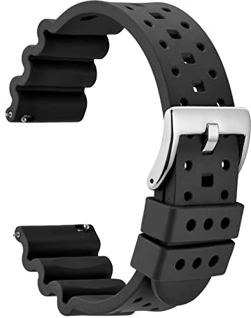 WOCCI 22mm Belüftete FKM Gummi Uhrenarmband für Herren (Nicht Silikon), Schnellverschluss Armband, Silberner Schnalle (Schwarz)