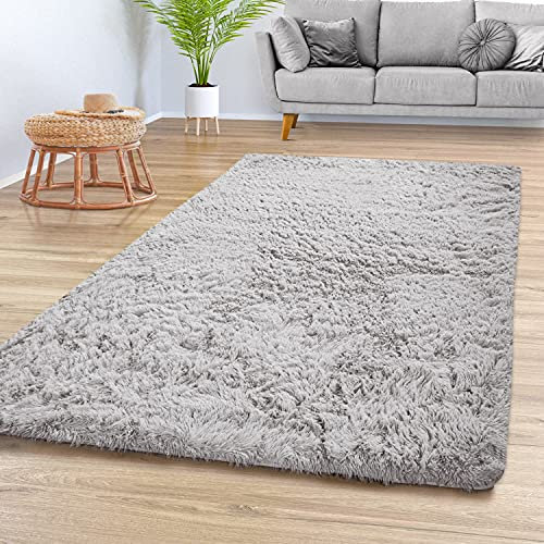 TT Home Teppich Wohnzimmer Hochflor Langflor Weich Soft Modernes Einfarbiges Design, Farbe: Grau Silber, Größe:140x200 cm
