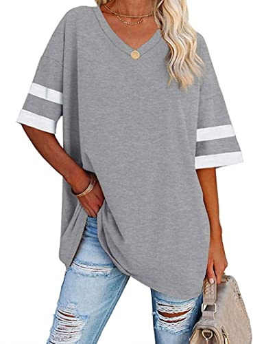Voopptaw Tunic Tops for Women UK Elegant V Neck Striped Half Sleeve T Shirt Summer Soft Baggy Tee Tops Grey S