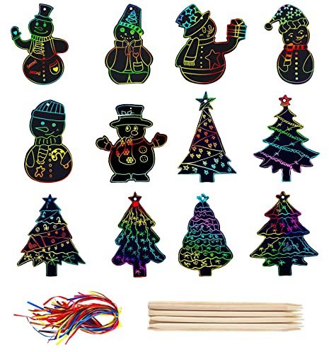 48 Stück Weihnachten Kratzbilder für Kinder, Bastelset Weihnachter Regenbogen Kratzbilder mit Holzstiften und 48 Bändern - Kleine Geschenke Advents, Scratch Paper for Mitgebsel Weihnachtsgeschenke
