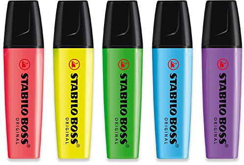 STABILO Highlighter BOSS ORIGINAL – Essential 5 Stück – Rot, Gelb, Hellblau, Hellgrün & Lavendel