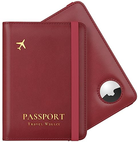 Stouchi Funda para Pasaporte, Airtag Passport Wallet,Funda para Pasaporte de Piel sintética encriptada con RFID para Mujeres y Hombres,Documento de Viaje,Regalo Porta Pasaporte,Rojo Mate