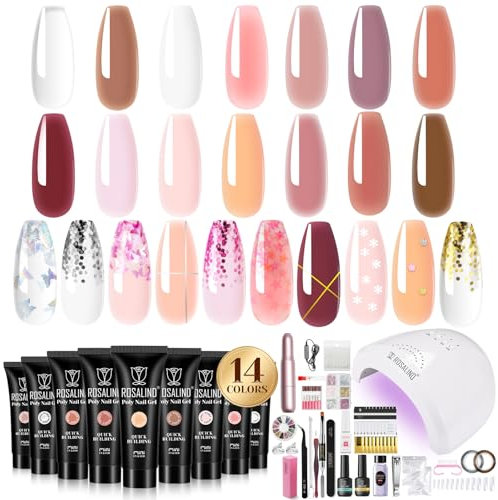 ROSALIND Set iniziale per unghie in gel con lampada UV da 48 W, 14 colori, set di unghie in gel per unghie con base top coat, set di extension per manicure in gel