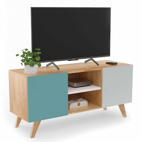 IDMarket - Meuble TV 113 cm scandinave Alice Bleu, Gris et Blanc
