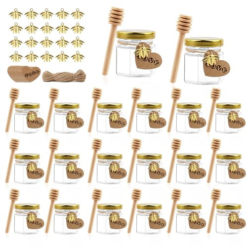 20 tarros de cristal hexagonales de miel, 45 ml, pequeños tarros de mermelada con cucharas de madera, tapas doradas, colgantes de abeja, mini tarros de cristal para regalos y regalos de boda