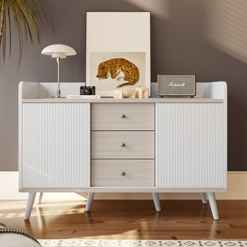 KOMHTOM Élégante commode armoire, deux portes coulissantes trois tiroirs, polyvalente pour salon, chambre à coucher, entrée, salle à manger (blanc)