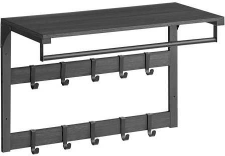 VASAGLE Wandgarderobe, mit Ablage, Wandregal mit 10 abnehmbaren Haken, Hängeregal, Wandmontage, 2 Garderobenleisten, Kleiderstange, für Flur, Schlafzimmer, Badezimmer, anthrazitgrau-schwarz LCR101B04