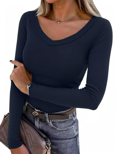 Aottori Camiseta Mujer Manga Larga Cuello Pico Top Básico Canalé Camisetas Shirt Elegante Ajustado Elástico Liso Jersey Túnica