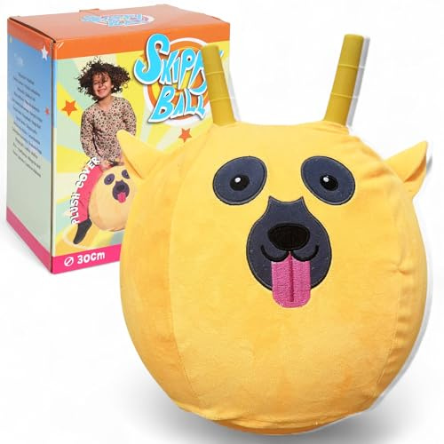 MIJOMA Skippy Ball 30 cm - Ballon sauteur avec visage animal et housse en peluche - Ballon Hopper pour enfants - Gonflable - Doux et robuste (chien - jaune)