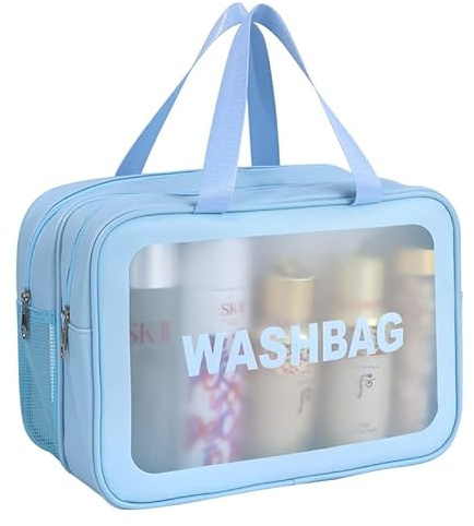 FoxCyllene Clear Waterproof Toiletry Bag, Large Capacity Travel Wash Bag with Dual Handles, PVC Cosmetic Organiser with Dry-Wet Separation (Blue, L)