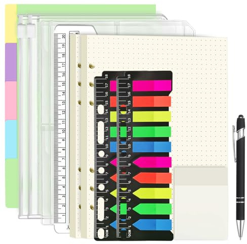 Sheryl&Rain 134 Artículos Recambio Agenda A5 6 Anillas, 120 Hojas de Hojas Punteadas, Separadores, Colores Notas Adhesivas, Sobres Bolsas, 20 cm Bolígrafo Negro, A5 Reemplazable Recambio