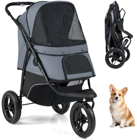 COSTWAY Passeggino a 3 Ruote per Cani Piccoli e Medi, Passeggino Pieghevole per Gatti con Freno a Pedale Singolo, Tenda Regolabile, Cestino, Cuscino e Guinzaglio di Sicurezza, Portata 25 Kg (Grigio)