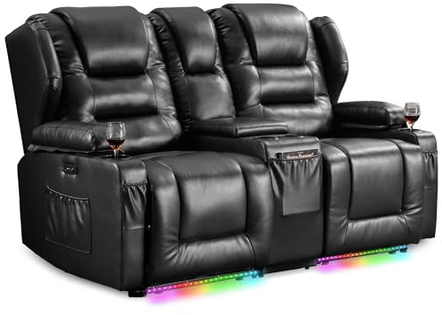 SITURAY Elektrisch Verstellbar Kinosessel 2 Sitzer mit Liegefunktion, Zweisitzer Relaxsessel Fernsehsessel mit Getränkehalter, 2er TV Sessel mit LED/USB (Kunstleder Schwarz, 2er mit Konsole)