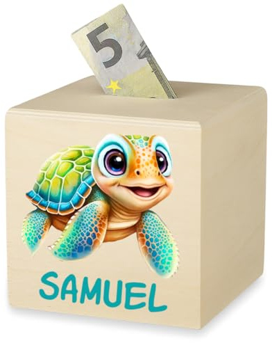 Personalisierte Holz Spardose für Jungen - Kinder Sparbüchse mit Namen - 10x10 cm Geschenk aus Holz zum Geburtstag, zur Einschulung oder Taufe - Geldspardose für Münzen und Scheine