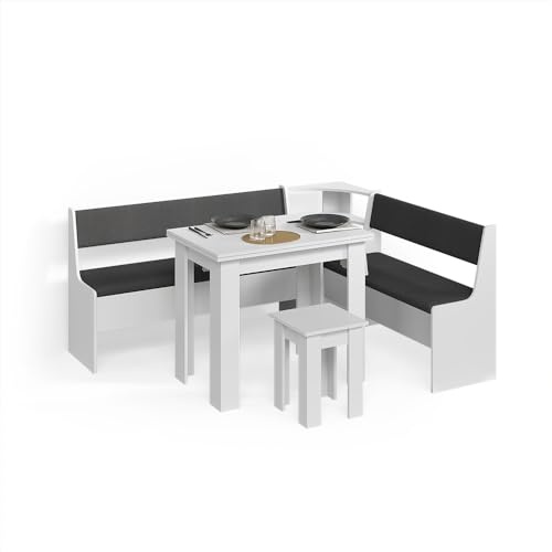 Livinity Gruppo panca ad angolo Tiberio, Bianco, 180 x 150 cm con tavolo