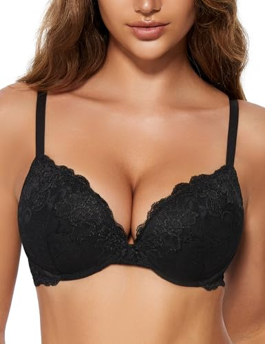 Wingslove Women's Push Up Bra Lace Comfort Padded Add 1 Cup Plunge Underwire Bras Lift Up (Black,34DD)