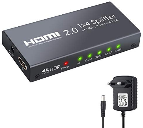 ESYNiC HDMI 2.0 Splitter 4 Vie HDMI Splitter Supporta 4K@60Hz YUV 4:4:4 e HDR con Alimentatore 1 In 4 Out HDMI Splitter Amplificatore per PS4 Pro Sky Box Blu-ray Player HD TV Proiettore
