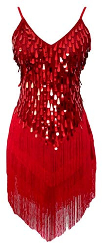 Grouptap Abito da Donna Flapper Gatsby con Paillettes Nappa, Gonna da Ballo, Salsa, Latino Tango, Samba, cha cha Rumba Abito Taglia 32/34/36/38 (Rosso, EU 32-38)