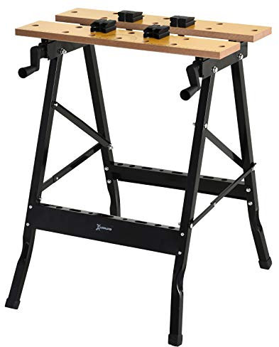 DURHAND Banco de Trabajo Plegable Mesa de Trabajo Portátil con 4 Abrazaderas Agujeros para Sierra Uso Doméstico Carpintería Hierro MDF Soporta 70 kg 56x62x75 cm Natural Negro