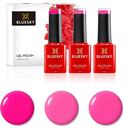 BLUESKY Gel Nail Polish Set, Hot Pinks. Orchid A075, Fantasy Pink Dc050, Peachy Pink Neon14. 3 X 5Ml. (Requires Curing Under Uv/Led Lamp)