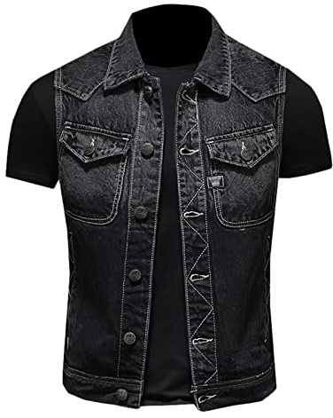 ZMNKH Homme Gilet en Jean Veste sans Manches en Jean Vintage Biker Gilet Décontractée Manteau Gilet Denim Veste de Moto