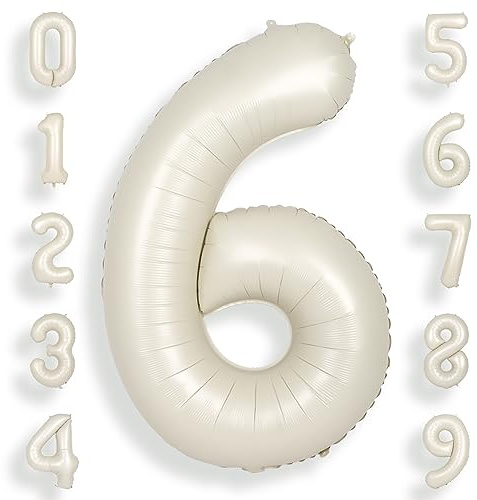 SUWEN 40 Inch Cream White Large 6 Number Balloons Big Foil Helium Number Balloons 0-9 Jumbo Happy 6th Mylar Birthday Party Decorations Anniversary Party Supplies