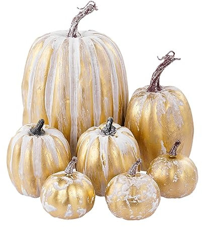 Zucca Autunnale Decorazione per Esterni, 7 Pezzi, Grande, Oro Bianco, Zucca Ornamentale, Decorazione Autunnale, Decorazione per Halloween