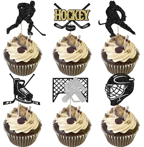 Xsstarmi 24 Pack Hockey Cupcake Toppers Glitter Ice Hockey Sports Cupcake Picks Hockey Players Cake Decorations for Hockey Sports Theme Baby Shower Kids Birthday Party Supplies