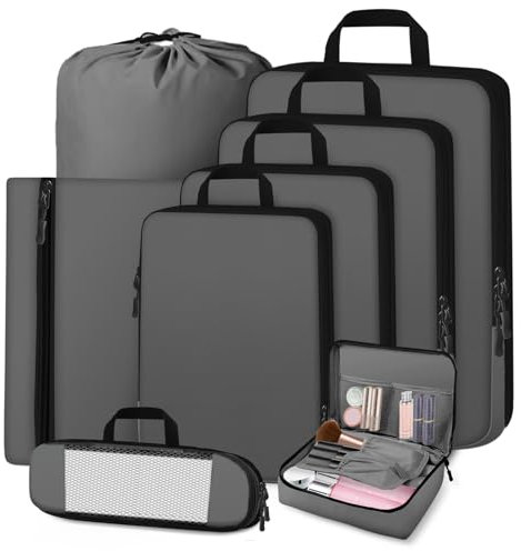 Otauoaea Organizador Maleta, 8 Set de Bolsas Organizadoras Maleta, Organizadores Maletas de Viaje, Organizador de Equipaje, Compression Packing Cubes Para Ropa, Ropa Interior, Cosméticos(Gris)