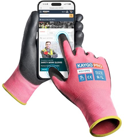 KAYGO 12 par pekskärmsarbetshandskar för män och kvinnor, PU-belagda skyddshandskar med halkfritt grepp på handflatorna, lämpliga för allmänt arbete (rosa, L, storlek 9)