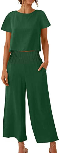 AACH Zweiteilige Damen Outfits Leinen Freizeitanzug Sommer Tank Top und Hose 2 Teiler Hosenanzug Casual Einfarbig Jogginganzug Elegant Leicht Loungewear mit Taschen Strand Leinenanzug