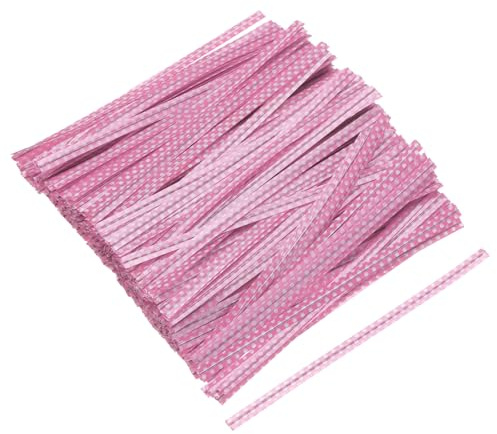 sourcing map Lot de 500 attaches torsadées en plastique métallique pour attacher du pain, des bonbons, des biscuits, des sacs cadeaux, loisirs créatifs, rose à pois blancs