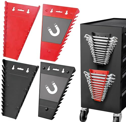 Magnetic Wrench Organizer 2-Piece,Wrench Rack Tool Trays, SAE (1/4 to 1-1/16), Metric (6mm to 24mm),24-Slot Drawer Storage Tools, Wrench Set Holder,red Black