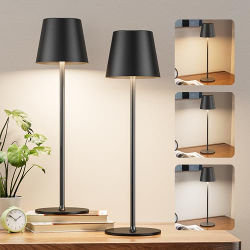 Kakanuo Cordless Table Lamp Rechargeable Black - KK 2 Pack 5000mAH Battery Operated Lamp for Counter, 3 Color Stepless Dimming Wireless Lamp for Dining Kitchen, Outdoor Patio, Touch Control