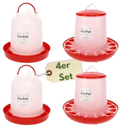 4 Stück Futterautomat Hühner + Hühnertränke im Set Geflügel Futterspender Futtertrog Hühner Zubehör Geflügeltränke Wasserspender Gr. 4