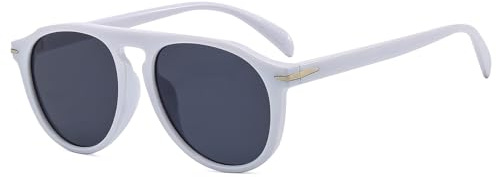 Long Keeper Gafas de Sol Redondas Hombre Mujer Retro Estilo Piloto Gafas Redondas Años 70 Gafas Sol Vintage Retro Circulares UV400 para Conducir Viaje, 56MM (Montura Blanco - Lente Gris Oscuro)