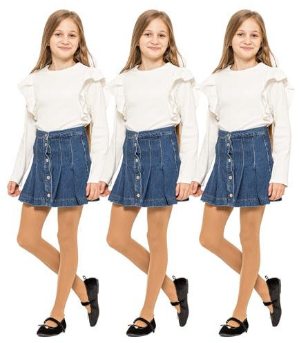 Klassiska tights för flickor – mjuk bomullsblandning, ogenomskinlig, vardagskläder och tillfällen – barntights i beige, vit, svart, babyrosa – 3-pack (storlekar 2-13 år), Beige – 3-pack, 9-10 Years