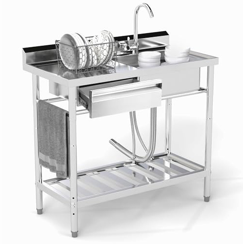 Trintion Freistehende Edelstahl Spültisch, 1 Becken mit Linke Schublade, Gewerbliche Spülbecken mit Kalt und Warmwasserschläuchen, Wasserhahn, für Waschküche,Bauernhaus, Innen- und Außenspüle (99cm)