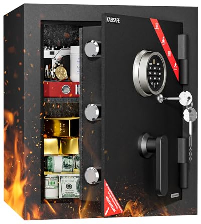 KABISAFE Fireproof Safe Box 79.8L, Black Wave Steel Security Safe with 1 Removable Shelf, Fingerprint (20 Users), Digital Keypad, Emergency Key for Cash, Jewelry, Documents KEF50