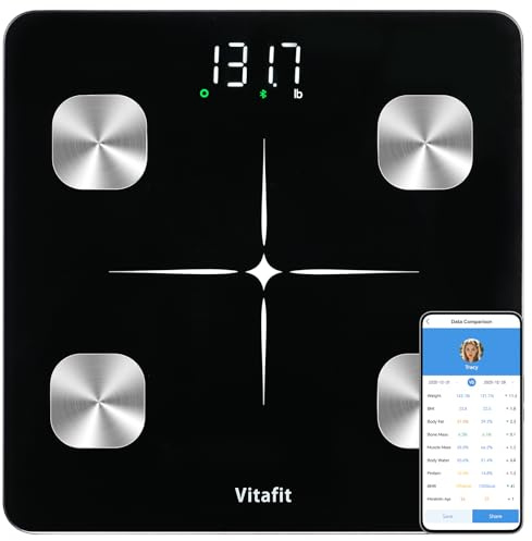 Vitafit Bascula de Baño, Alta Precisión de 0,05kg por Nuestra Fábrica Profesional Desde 2001, Bascula Grasa Corporal y Muscular Inteligente App 13 Composición de Corporal Peso IMC, 180kg, LED, Negro