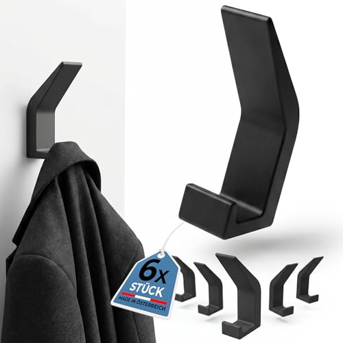Moderne Wandhaken Set, 6 Stück Garderobenhaken in Schwarz Matt, Unsichtbare Montage, Minimalistisches Design für Garderobe und Kleidung