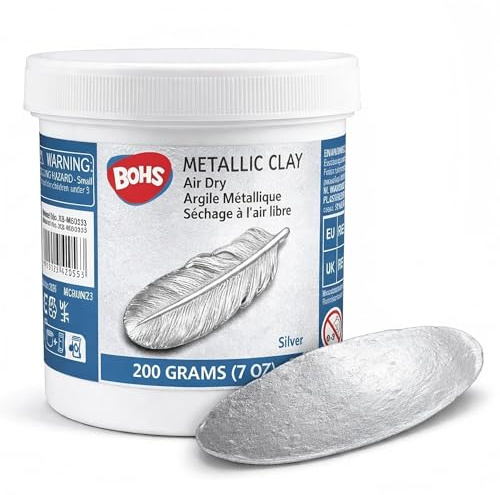 BOHS Silvermetallisk lera – 200 g, lufttorr, blank – för artikeldekoration, figurer, rekvisita skulpteringsmaterial | Briljant skimmer med inbäddat glitter; mjuk, smidig struktur; hängen, prydnader, figurer, rekvisita och dekorativa accenter