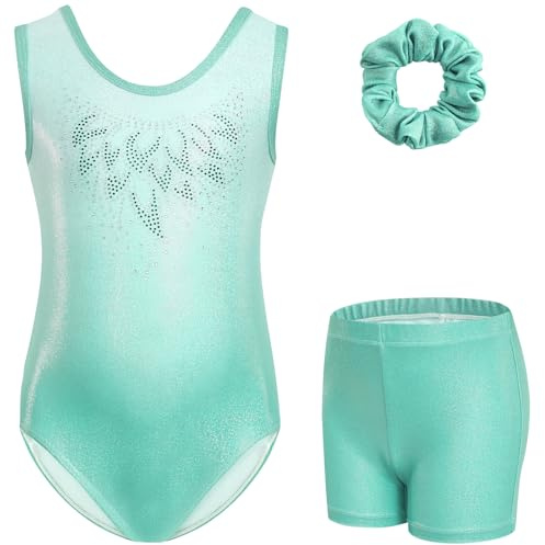 Gogokids Tredelade gymnastiktrikåer för flickor, set med ärmlös trikå, shorts och hårband, glittrande balettdräkter, dansdräkter, gymnastikdräkt med tonad färgdesign, för 3–12 år, ljusgrön, 140(130