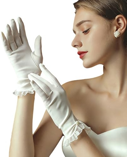 MURYE Eleganti guanti corti unici con perle sottili bianche per flapper sposa accessori per danza nuziale volant da sposa con fiocco, crema, Taglia unica