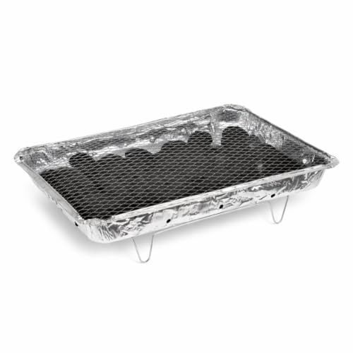 Barbacoa desechable XXL – 48 x 31 cm – Incluye briquetas y soporte – Barbacoa desechable – Barbacoa de mesa para camping o picnic – Barbacoa de carbón – Plata