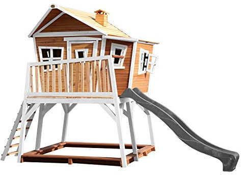 AXI Max Maison Enfant avec Bac à Sable & Toboggan Gris | Aire de Jeux pour l'extérieur en Marron & Blanc | Maisonnette/Cabane de Jeu en Bois FSC