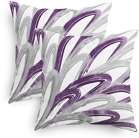 CaliTime Throw Pillow Cases Pack of 2 Cozy Fleece Two-Tone Abstract Feather Decorative Cushion Covers for Couch Bed Sofa Farmhouse Decoration 45cm X 45cm Purple Grey